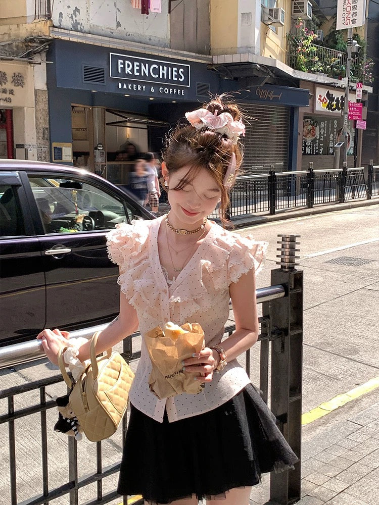Acaine Peach Milk/Pink V-neck Small Flying Sleeve Polka Dot Shirt Women's Summer French Retro Short Top