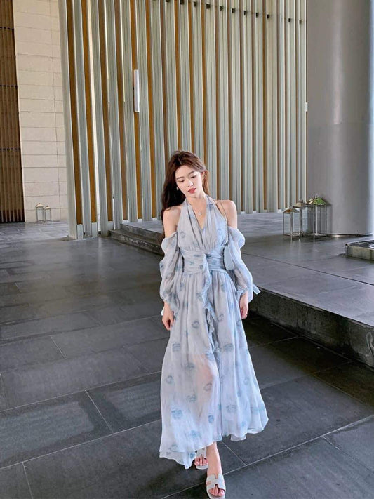 ByYou new summer style temperament blue chiffon off-shoulder halter neck floral dress waist thin V-neck long skirt
