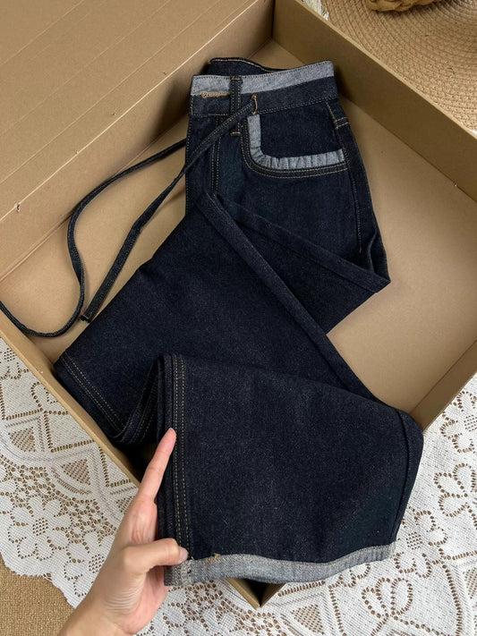 The nemesis of the pear-shaped figure ~ Retro design patchwork jeans for women in early spring, versatile slimming drawstring wide-leg pants