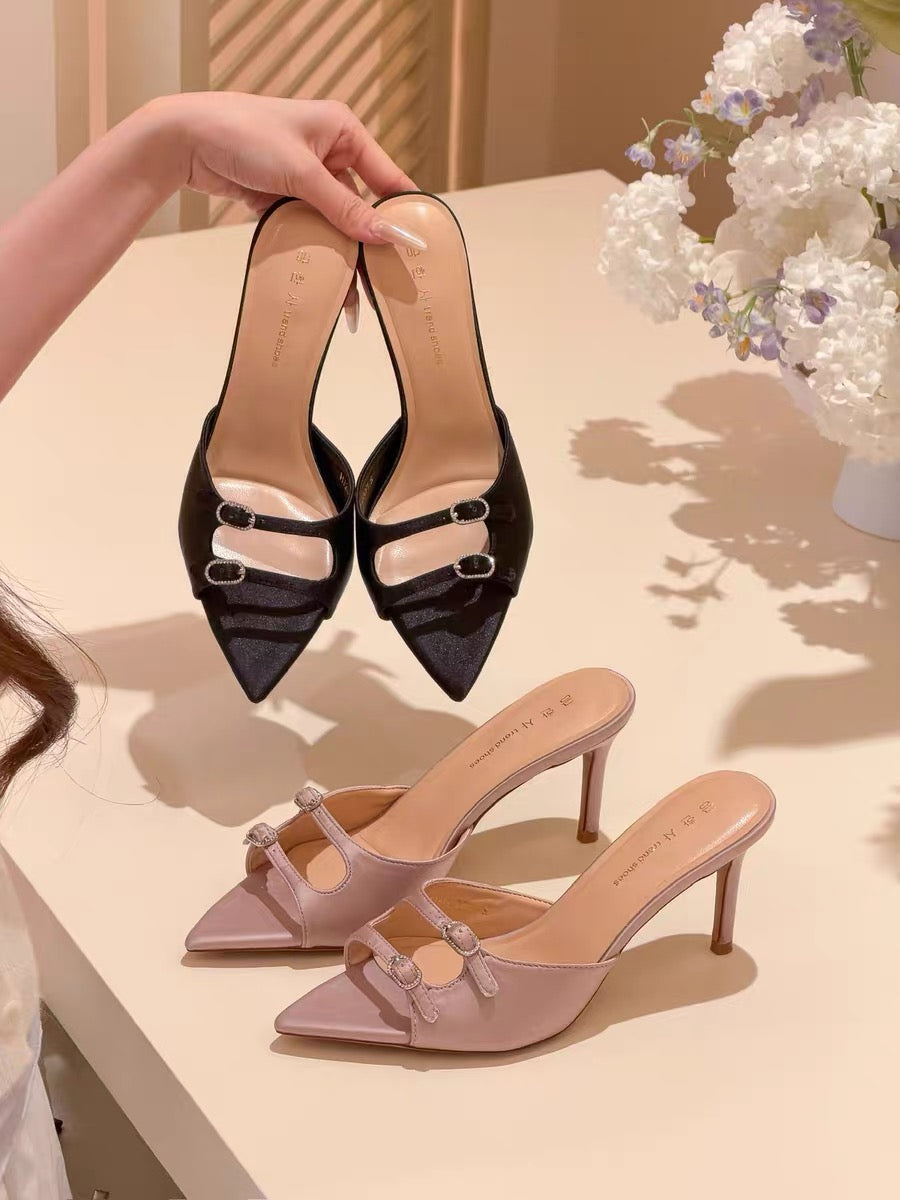 elingstudio's unique atmosphere! French-style pointed-toe open-toe strappy high-heeled sandals for women.