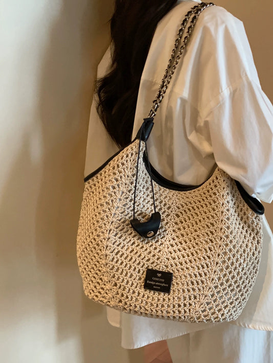 Chio2nd High-Quality Handmade Straw Woven Bag by Nanfeng (Cowhide & Amber Rope) for Women, Autumn Handbag/Shoulder Bag