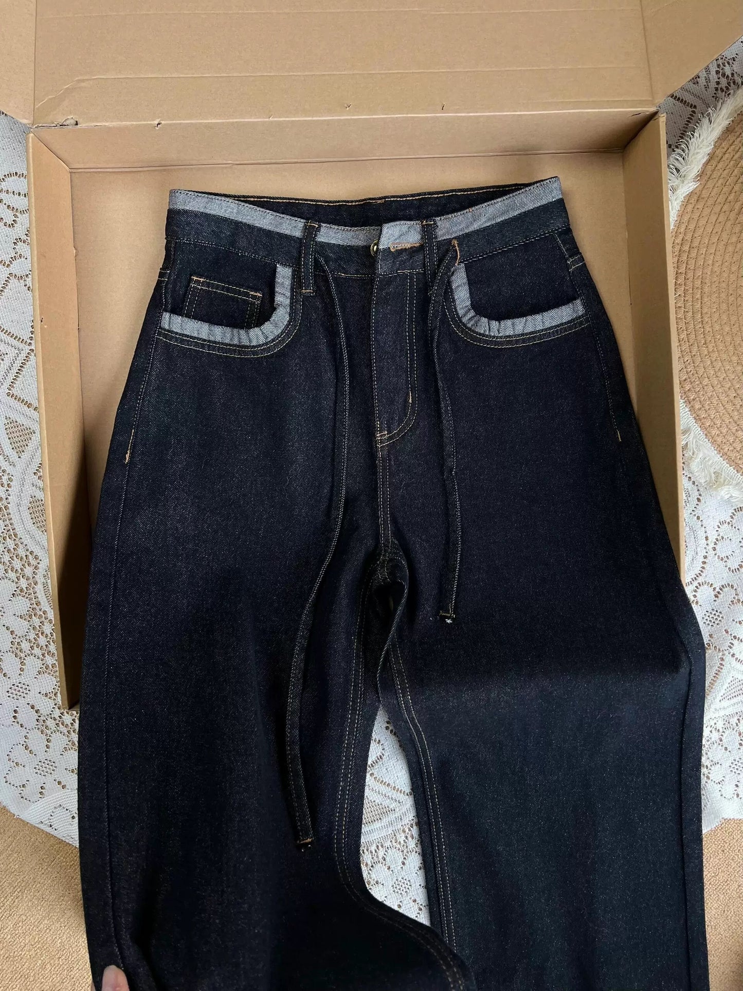 The nemesis of the pear-shaped figure ~ Retro design patchwork jeans for women in early spring, versatile slimming drawstring wide-leg pants