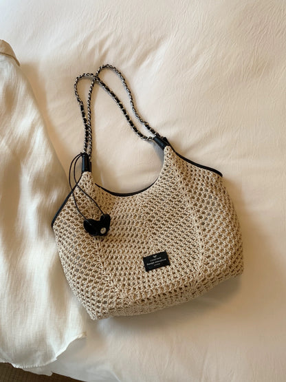 Chio2nd High-Quality Handmade Straw Woven Bag by Nanfeng (Cowhide & Amber Rope) for Women, Autumn Handbag/Shoulder Bag