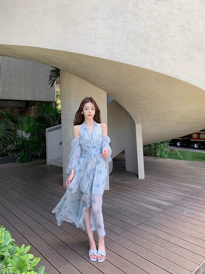 ByYou new summer style temperament blue chiffon off-shoulder halter neck floral dress waist thin V-neck long skirt