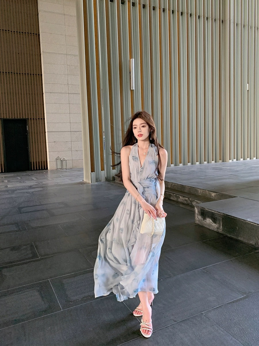 ByYou new summer style temperament blue chiffon off-shoulder halter neck floral dress waist thin V-neck long skirt