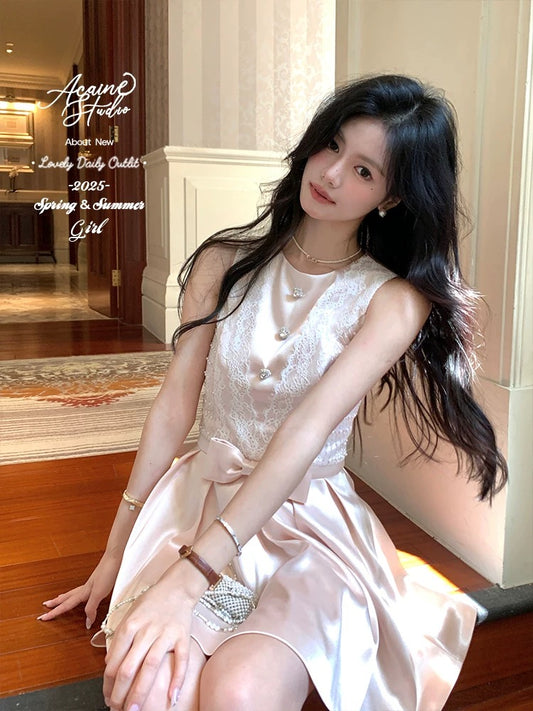 Acaine second-hand Monica/medium-length gentle thousand-gold lace satin dress female summer French skirt
