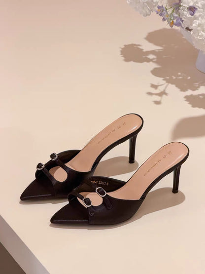 elingstudio's unique atmosphere! French-style pointed-toe open-toe strappy high-heeled sandals for women.