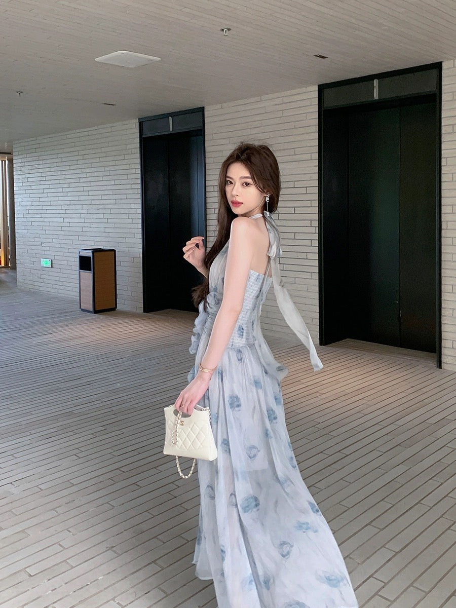ByYou new summer style temperament blue chiffon off-shoulder halter neck floral dress waist thin V-neck long skirt