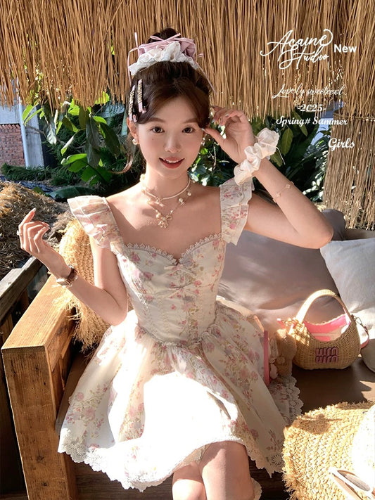 Acaine Spring Sakura/Medium-length square-neck waisted A-line suspender dress female summer French printed skirt