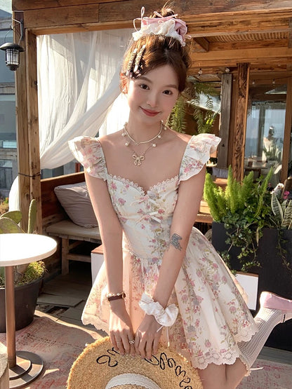 Acaine Spring Sakura/Medium-length square-neck waisted A-line suspender dress female summer French printed skirt