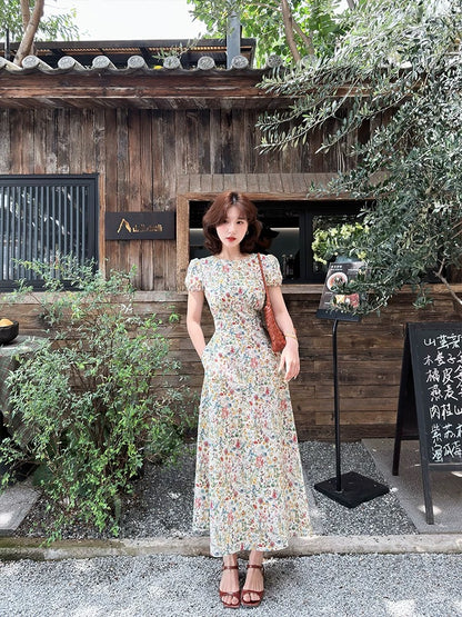 Lei Yingjun's French Retro Floral Print Dress for Women, Spring/Summer, Slim Fit, Long Tea Dress