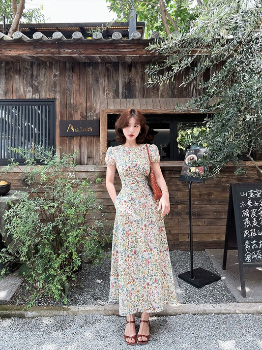 Lei Yingjun's French Retro Floral Print Dress for Women, Spring/Summer, Slim Fit, Long Tea Dress