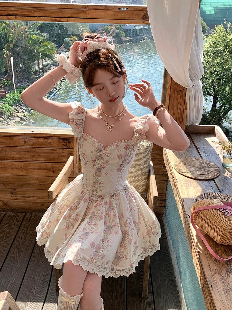 Acaine Spring Sakura/Medium-length square-neck waisted A-line suspender dress female summer French printed skirt