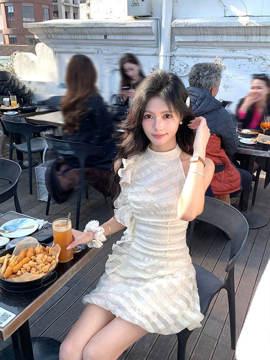 Acaine apricot round neck strapless ruffled halter dress female summer French temperament waist skirt