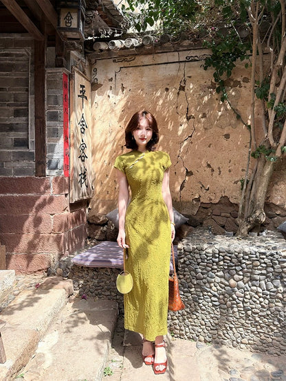 New Chinese Style Lei Yingjun [Evergreen Tree] Stand Collar Jacquard Improved Cheongsam Dress for Women, Summer Slimming Long Dress