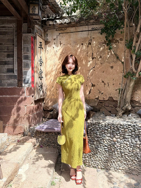 New Chinese Style Lei Yingjun [Evergreen Tree] Stand Collar Jacquard Improved Cheongsam Dress for Women, Summer Slimming Long Dress