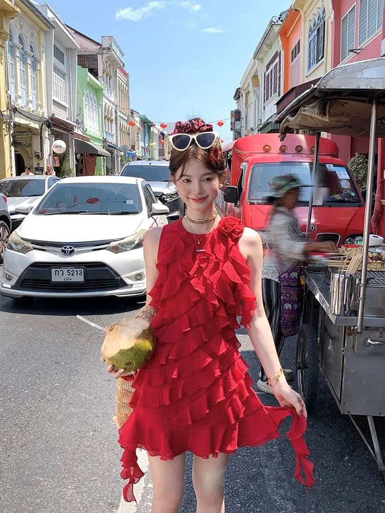 Acaine Dusk Rose/Red Sleeveless Ruffled Tencel Long Dress Women's Spring French Dress