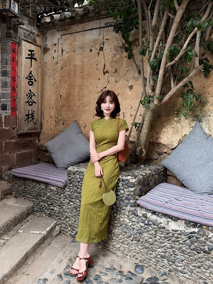 New Chinese Style Lei Yingjun [Evergreen Tree] Stand Collar Jacquard Improved Cheongsam Dress for Women, Summer Slimming Long Dress