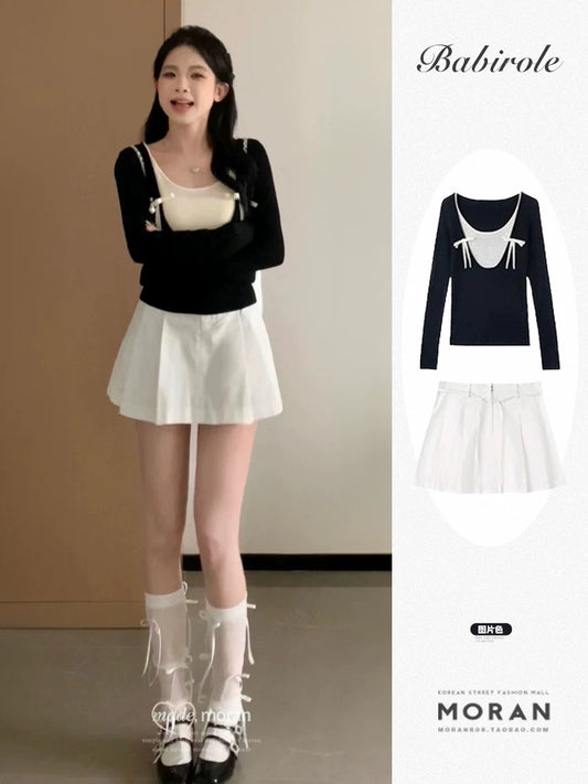 Breast ballet style summer dress with a complete set of fake two-piece contrasting color knitted top and short skirt two-piece suit for small people