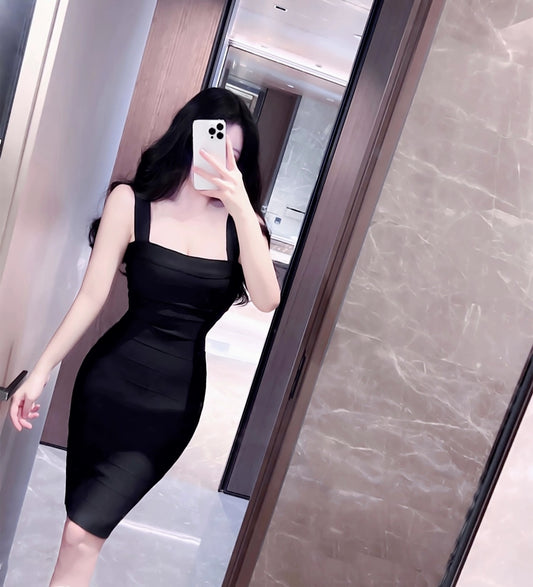 Sexy black suspender waist slim fit dress