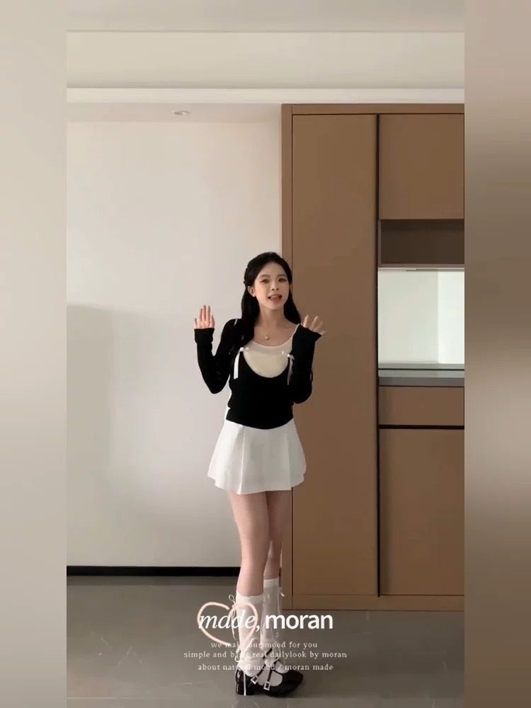Breast ballet style summer dress with a complete set of fake two-piece contrasting color knitted top and short skirt two-piece suit for small people