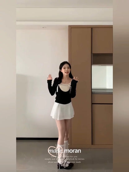 Breast ballet style summer dress with a complete set of fake two-piece contrasting color knitted top and short skirt two-piece suit for small people