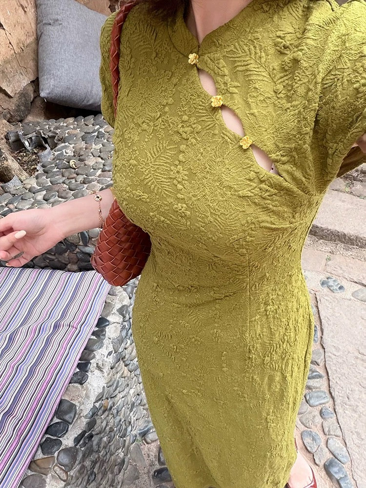 New Chinese Style Lei Yingjun [Evergreen Tree] Stand Collar Jacquard Improved Cheongsam Dress for Women, Summer Slimming Long Dress