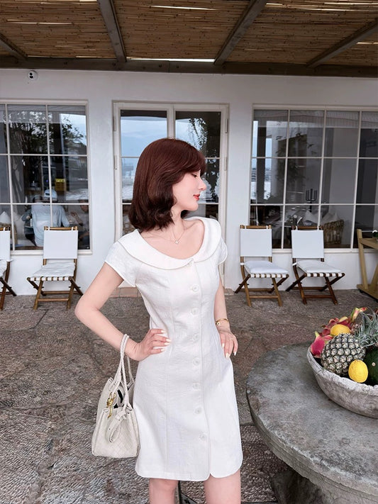 Lei Yingjun [Camellia Diary] French-style Peter Pan Collar Dress for Women, Summer Slimming Single-breasted Elegant Short Skirt