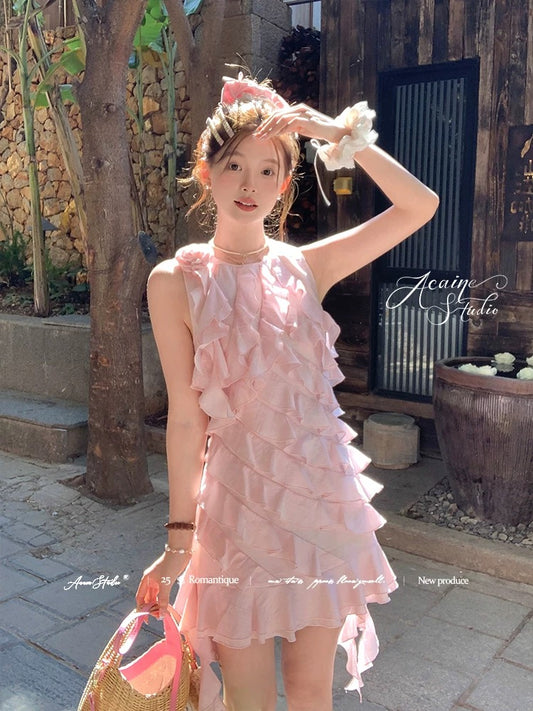 Acaine pink mid-length ruffled sleeveless suspender dress female summer French retro design skirt