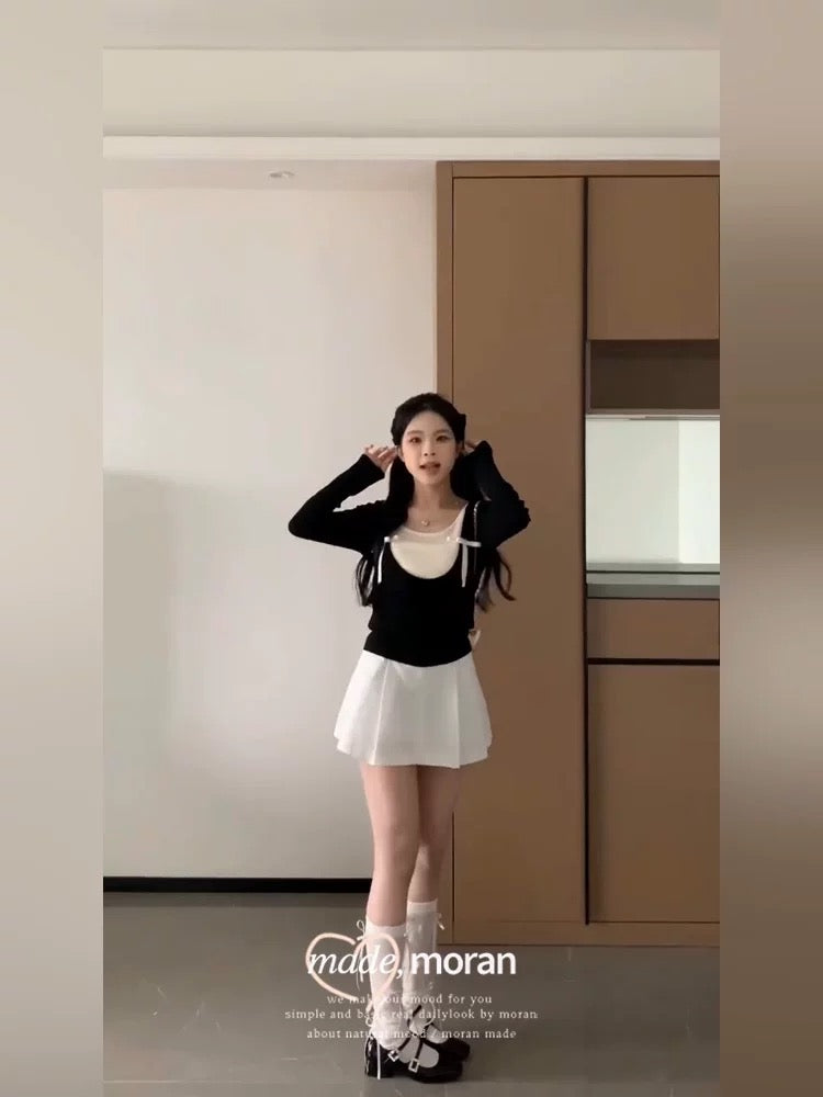 Breast ballet style summer dress with a complete set of fake two-piece contrasting color knitted top and short skirt two-piece suit for small people
