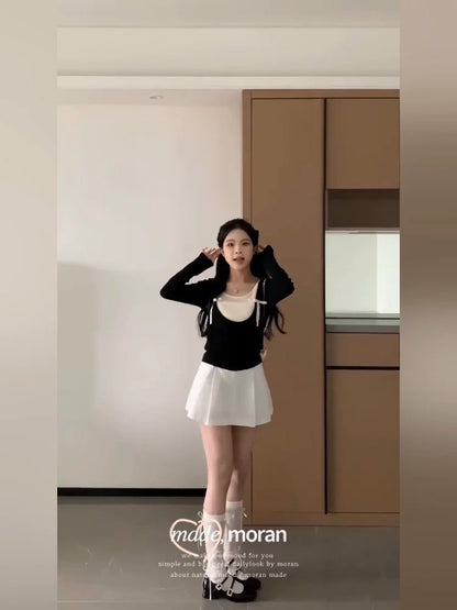 Breast ballet style summer dress with a complete set of fake two-piece contrasting color knitted top and short skirt two-piece suit for small people