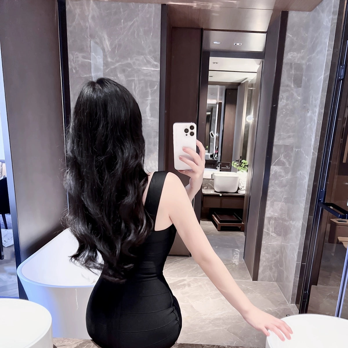 Sexy black suspender waist slim fit dress