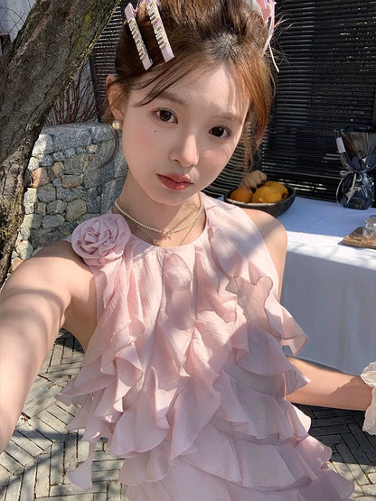 Acaine pink mid-length ruffled sleeveless suspender dress female summer French retro design skirt