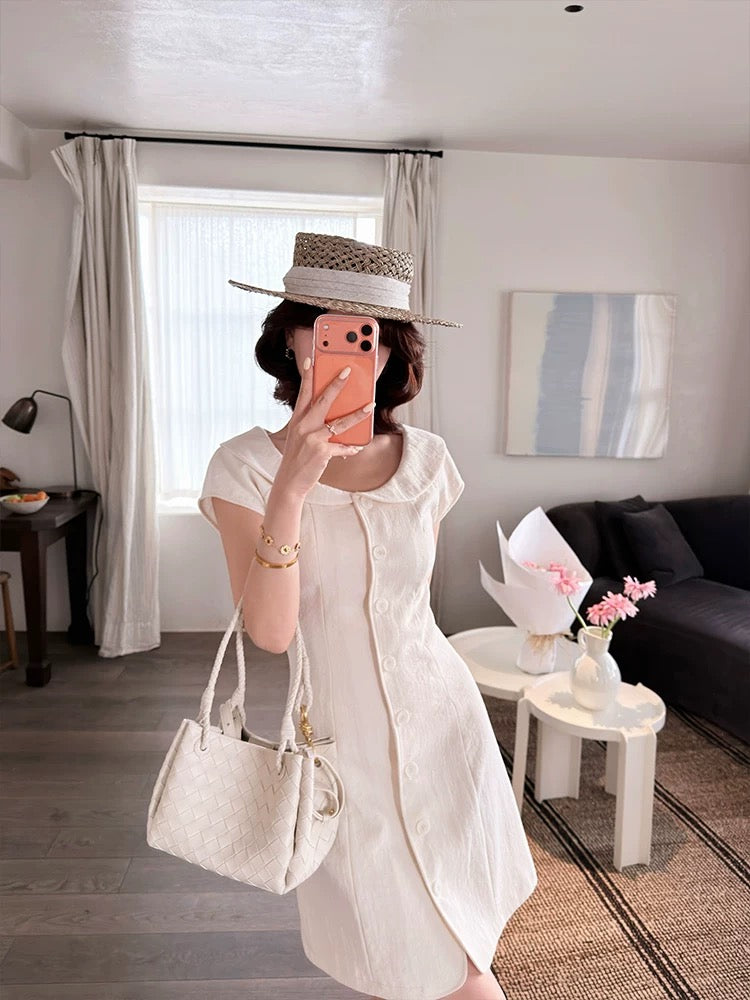 Lei Yingjun [Camellia Diary] French-style Peter Pan Collar Dress for Women, Summer Slimming Single-breasted Elegant Short Skirt