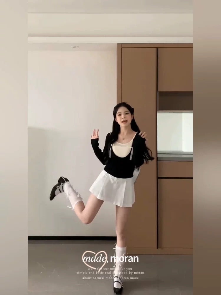 Breast ballet style summer dress with a complete set of fake two-piece contrasting color knitted top and short skirt two-piece suit for small people