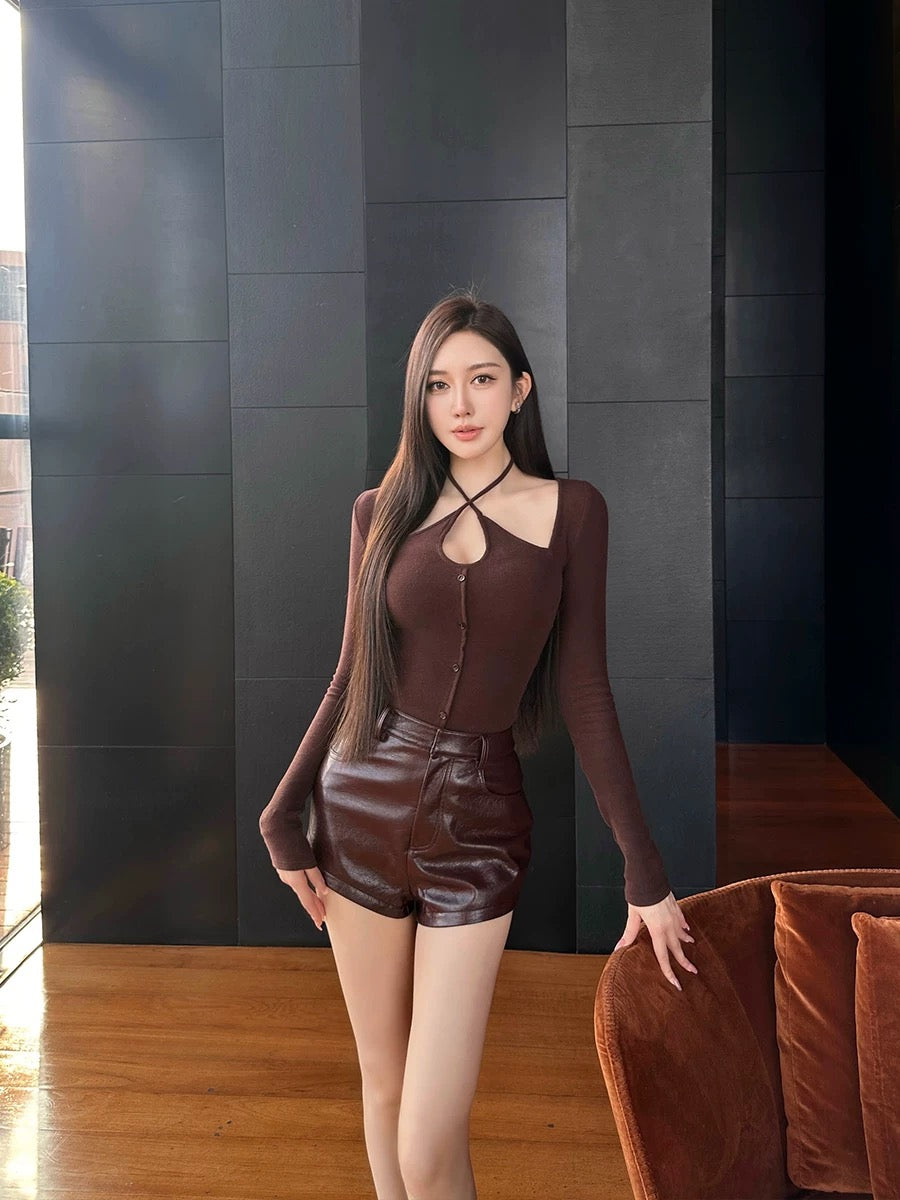 SX Shanxi high-end brushed cross halter knit top elastic slim slimming hollow sexy bottoming shirt for women