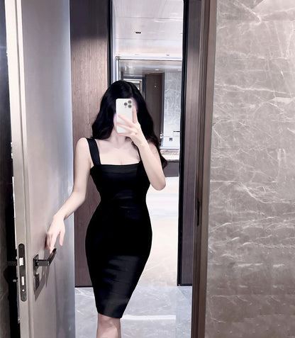 Sexy black suspender waist slim fit dress
