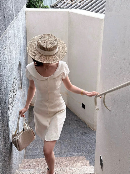 Lei Yingjun [Camellia Diary] French-style Peter Pan Collar Dress for Women, Summer Slimming Single-breasted Elegant Short Skirt
