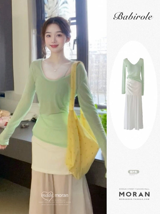 A perfect set of summer outfits, mint green long-sleeved sunscreen T-shirt for women, hip-hugging skirt suit, beach vacation