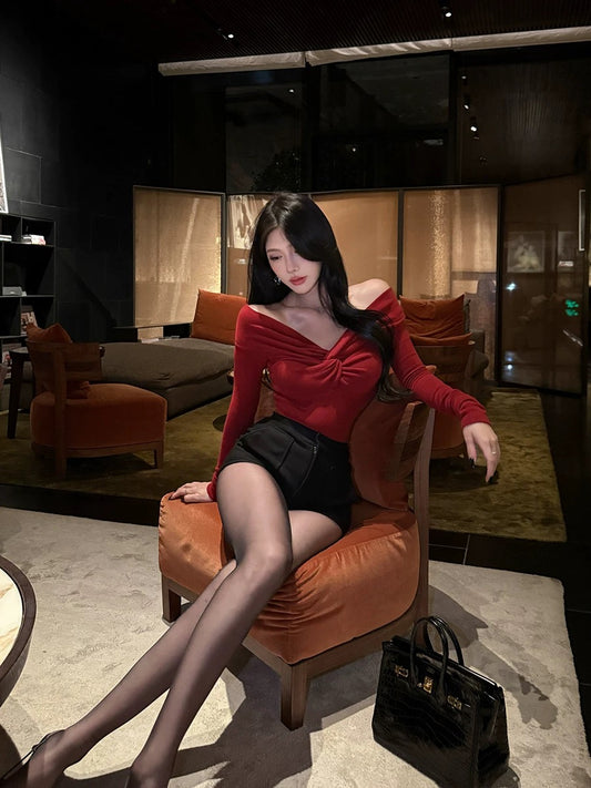 SX Shanxi 2 colors into one-shoulder brushed twist top women's long-sleeved slimming T-shirt temperament gentle bottoming shirt