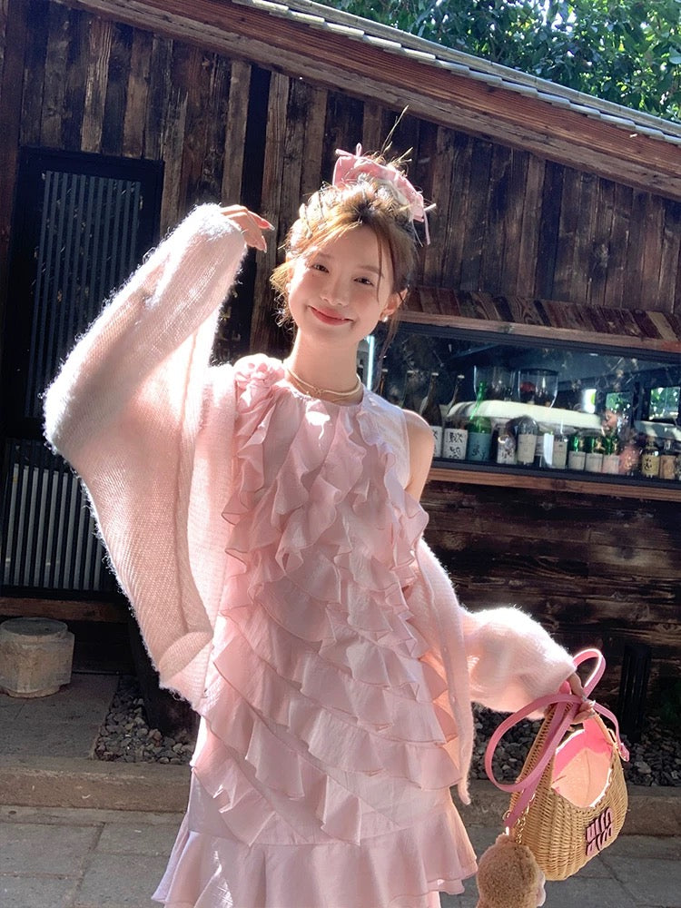 Acaine pink mid-length ruffled sleeveless suspender dress female summer French retro design skirt
