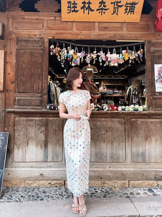 New Chinese Style Lei Yingjun [Rainbow Candy] Retro Modified Cheongsam Dress for Women, Summer Polka Dot Striped Long Dress