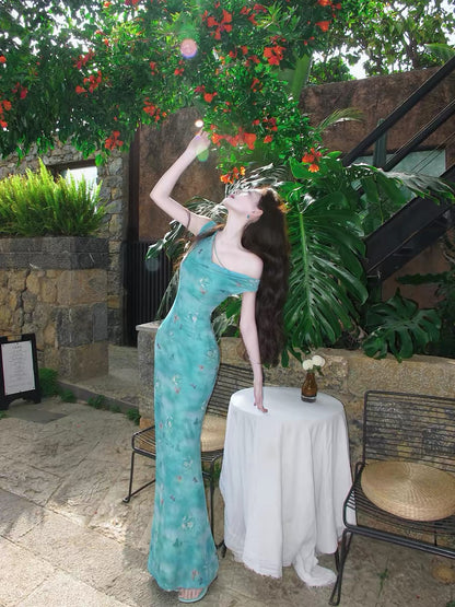 Eat green vegetables [Blue Smoke Butterfly Shadow] Elegant and flattering floral print dress with off-shoulder neckline, versatile and stretchy.