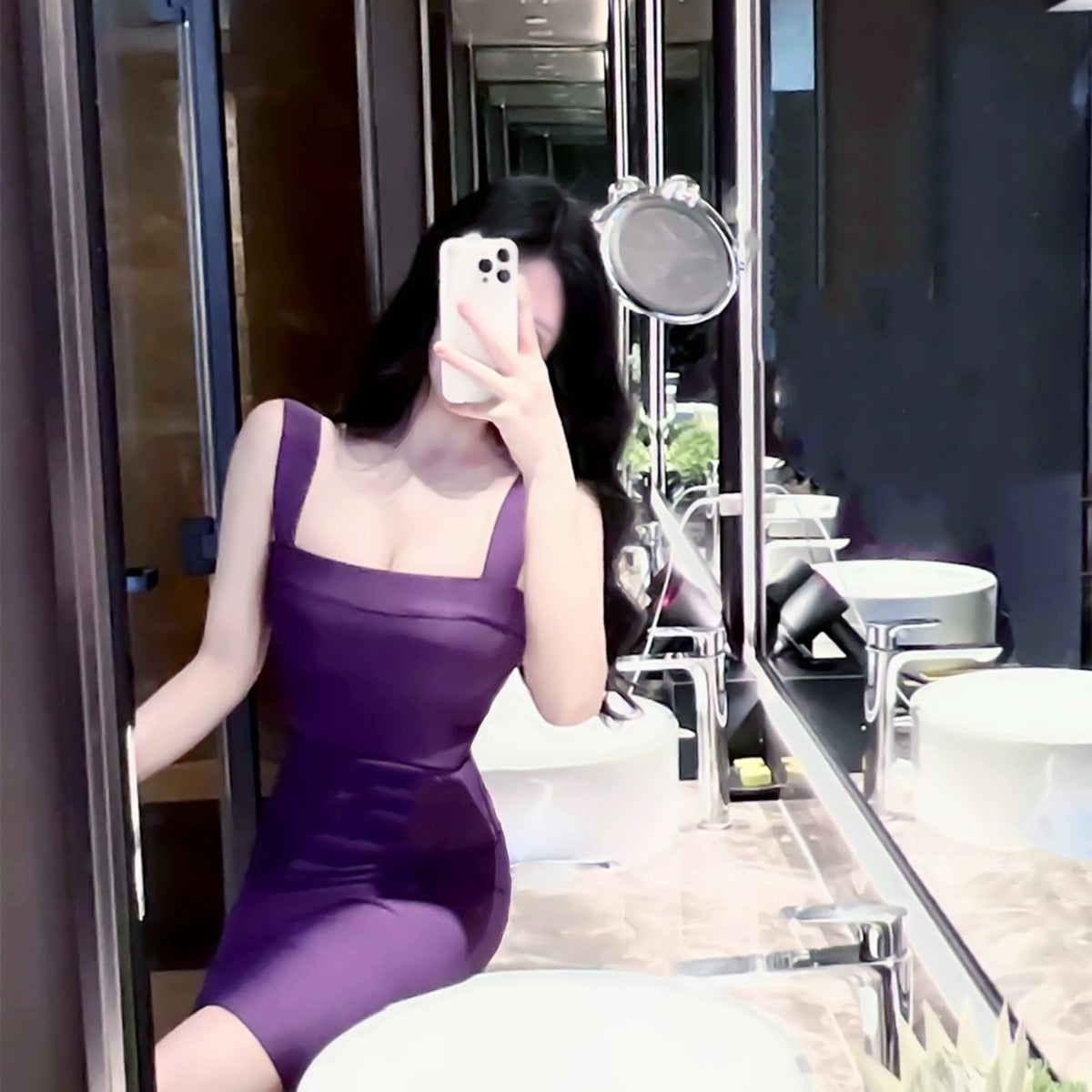 Purple suspender sexy waist slim fit dress