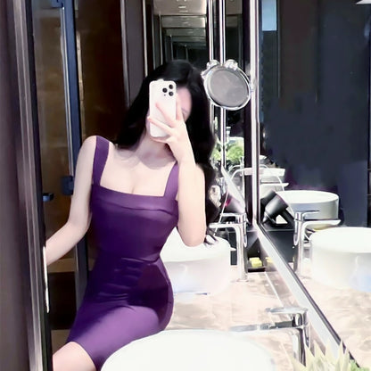 Purple suspender sexy waist slim fit dress