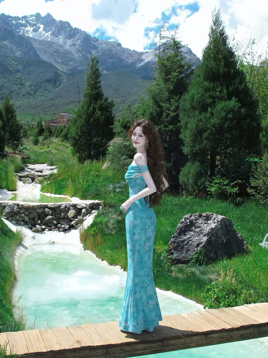 Eat green vegetables [Blue Smoke Butterfly Shadow] Elegant and flattering floral print dress with off-shoulder neckline, versatile and stretchy.