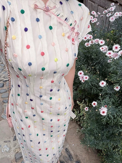 New Chinese Style Lei Yingjun [Rainbow Candy] Retro Modified Cheongsam Dress for Women, Summer Polka Dot Striped Long Dress