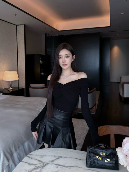 SX Shanxi 2 colors into one-shoulder brushed twist top women's long-sleeved slimming T-shirt temperament gentle bottoming shirt