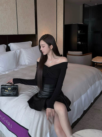 SX Shanxi 2 colors into one-shoulder brushed twist top women's long-sleeved slimming T-shirt temperament gentle bottoming shirt