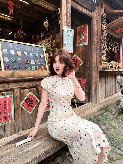 New Chinese Style Lei Yingjun [Rainbow Candy] Retro Modified Cheongsam Dress for Women, Summer Polka Dot Striped Long Dress